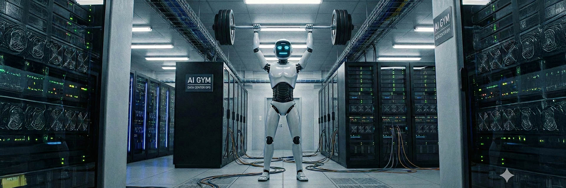 AI Robot Working Out in Data Center Gym